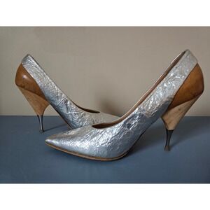 Maison Martin Margiela Silver Crinkled Leather Heels Pumps EU 38 Made in Italy